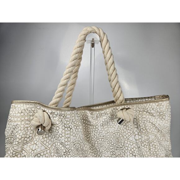 Donna Dixon Large Rope Handle Off-White & Gold Canvas Tote Bag - Picture 3 of 11